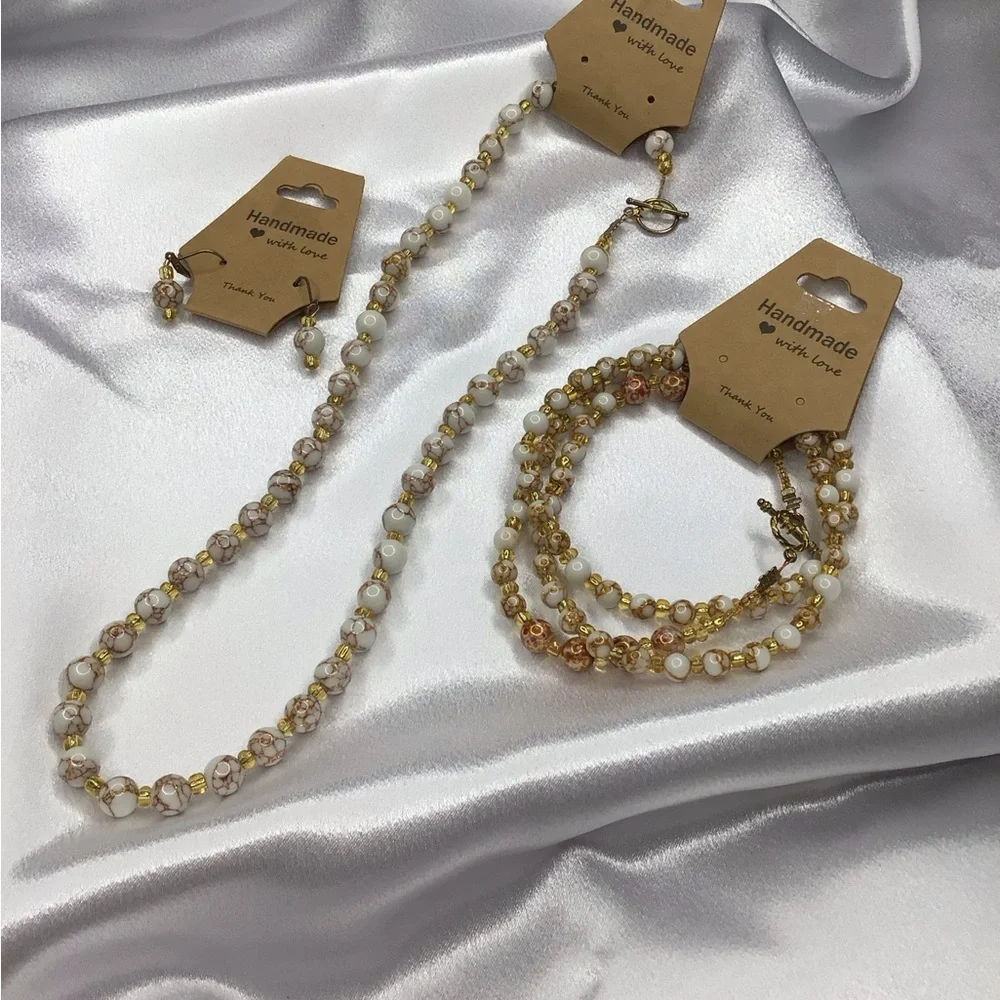 Handmade White and Gold Beaded Necklace, Earring, & Bracelet Set